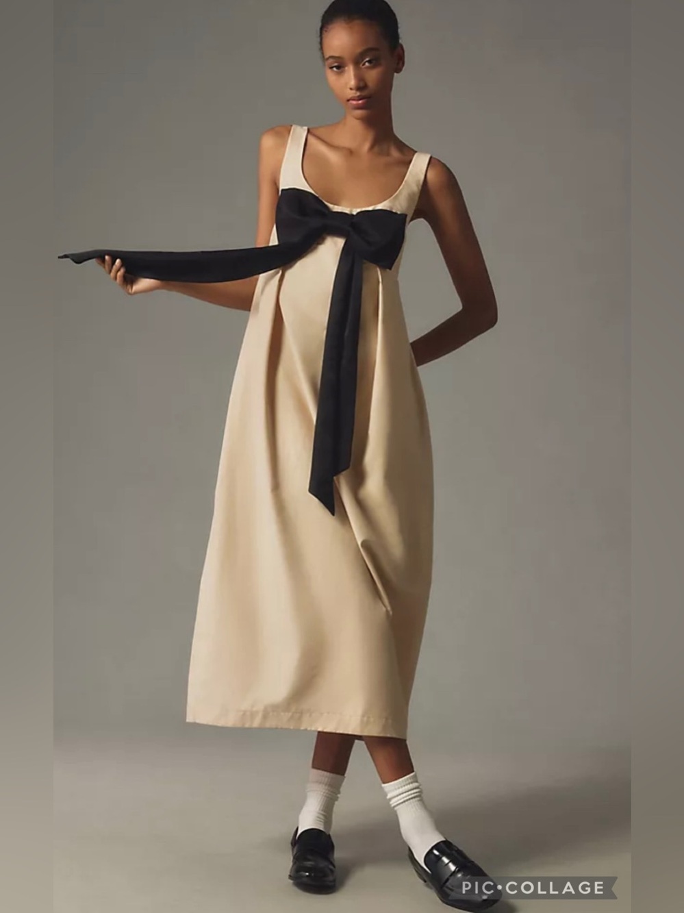 Maeve Cream Midi Dress with Black Bow